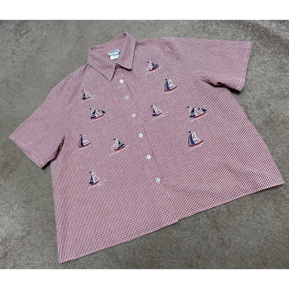 BonWorth‎ womens Gingham Sailboat Embroidered Button Shirt LARGE Petite VTG